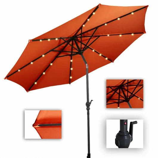 10 ft Patio Solar Umbrella with Crank and LED Lights-Orange