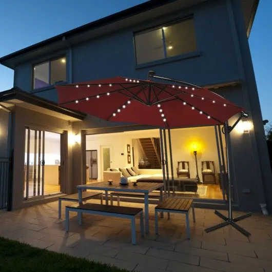 10FT 360° Rotation Solar Powered LED Patio Offset Umbrella-Burgundy