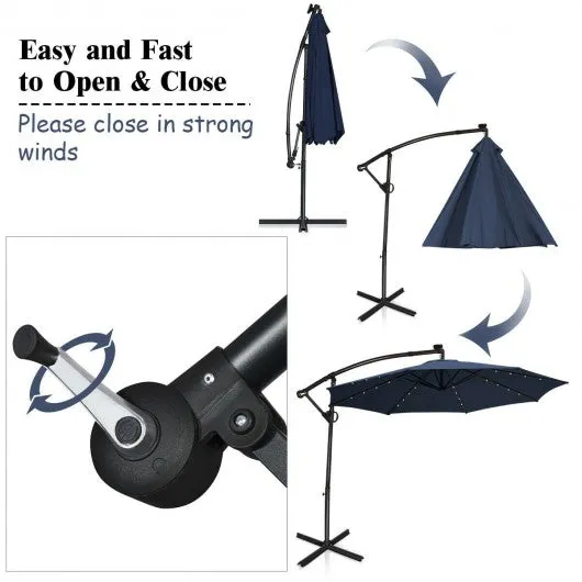 10FT 360° Rotation Solar Powered LED Patio Offset Umbrella-Navy