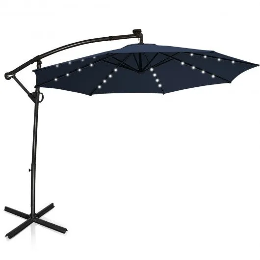 10FT 360° Rotation Solar Powered LED Patio Offset Umbrella-Navy