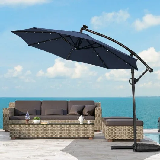 10FT 360° Rotation Solar Powered LED Patio Offset Umbrella-Navy