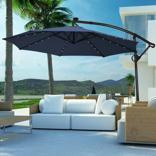 10FT 360° Rotation Solar Powered LED Patio Offset Umbrella-Navy