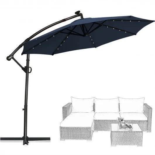 10FT 360° Rotation Solar Powered LED Patio Offset Umbrella-Navy