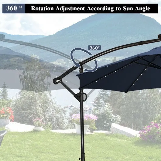 10FT 360° Rotation Solar Powered LED Patio Offset Umbrella-Navy