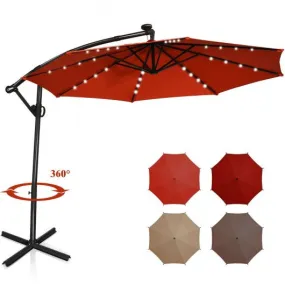 10FT 360 Rotation Solar Powered LED Patio Offset Umbrella-Orange