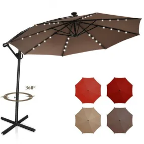 10FT 360 Rotation Solar Powered LED Patio Offset Umbrella-Tan