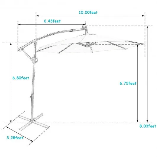 10FT 360 Rotation Solar Powered LED Patio Offset Umbrella-Turquoise