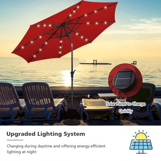 10FT Patio Solar Umbrella LED Patio Market Steel Tilt W/ Crank Outdoor New-Burgundy