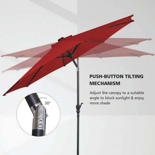 10FT Patio Solar Umbrella LED Patio Market Steel Tilt W/ Crank Outdoor New-Burgundy