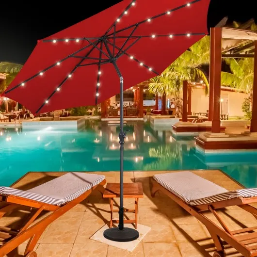 10FT Patio Solar Umbrella LED Patio Market Steel Tilt W/ Crank Outdoor New-Burgundy