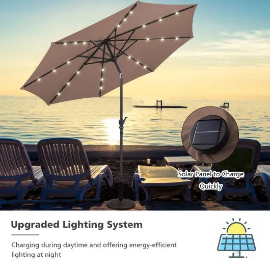 10FT Patio Solar Umbrella LED Patio Market Steel Tilt W/ Crank Outdoor New-Tan