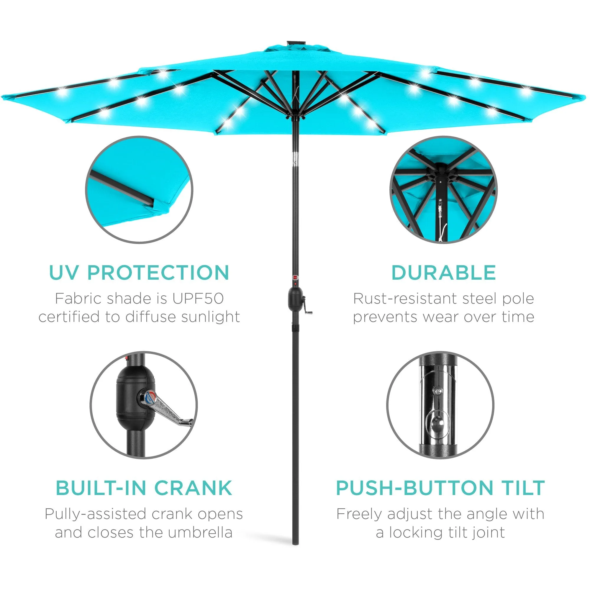 10ft Solar LED Lighted Patio Umbrella w/ Tilt Adjustment, Fade-Resistance