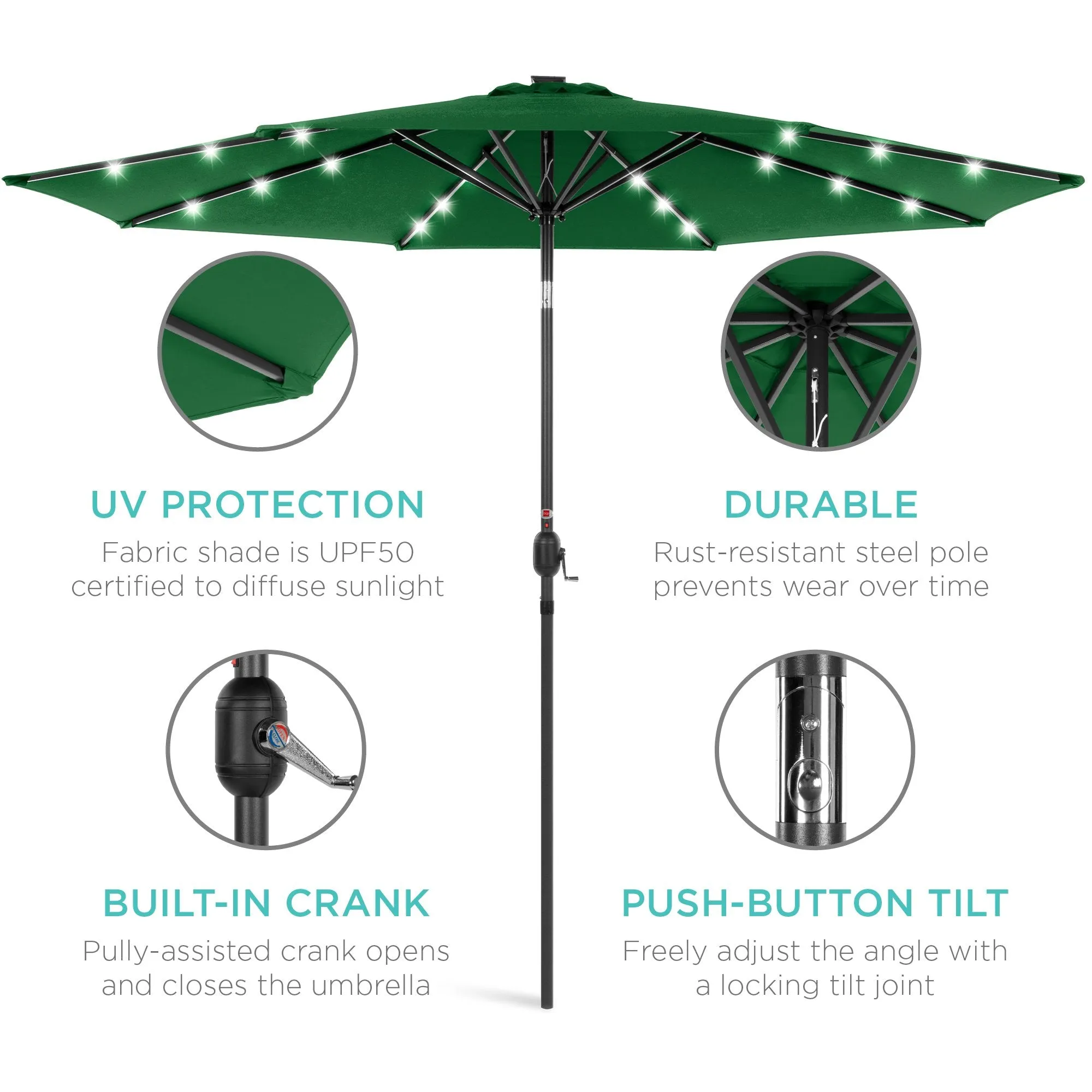 10ft Solar LED Lighted Patio Umbrella w/ Tilt Adjustment, Fade-Resistance