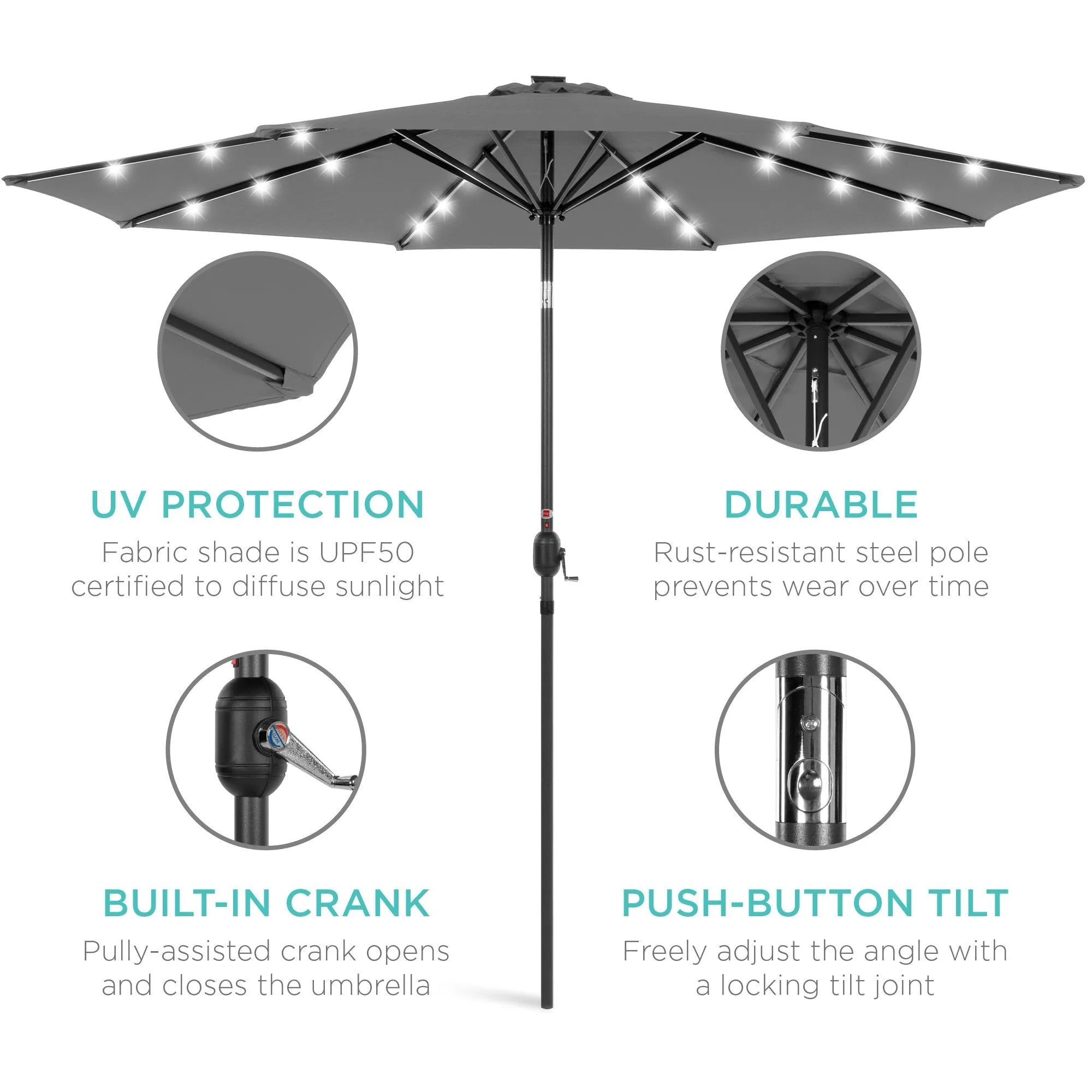 10ft Solar LED Lighted Patio Umbrella w/ Tilt Adjustment, Fade-Resistance