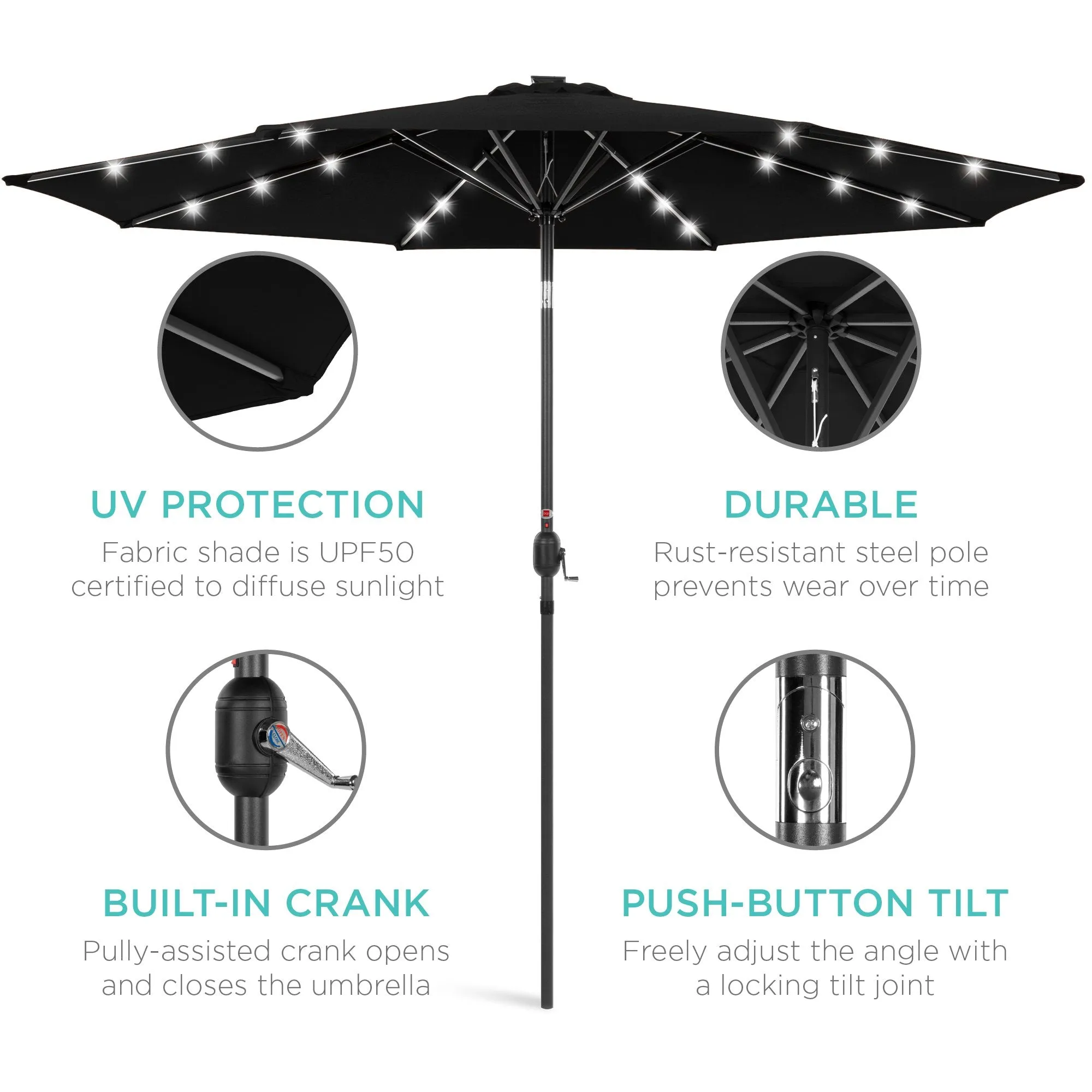 10ft Solar LED Lighted Patio Umbrella w/ Tilt Adjustment, Fade-Resistance