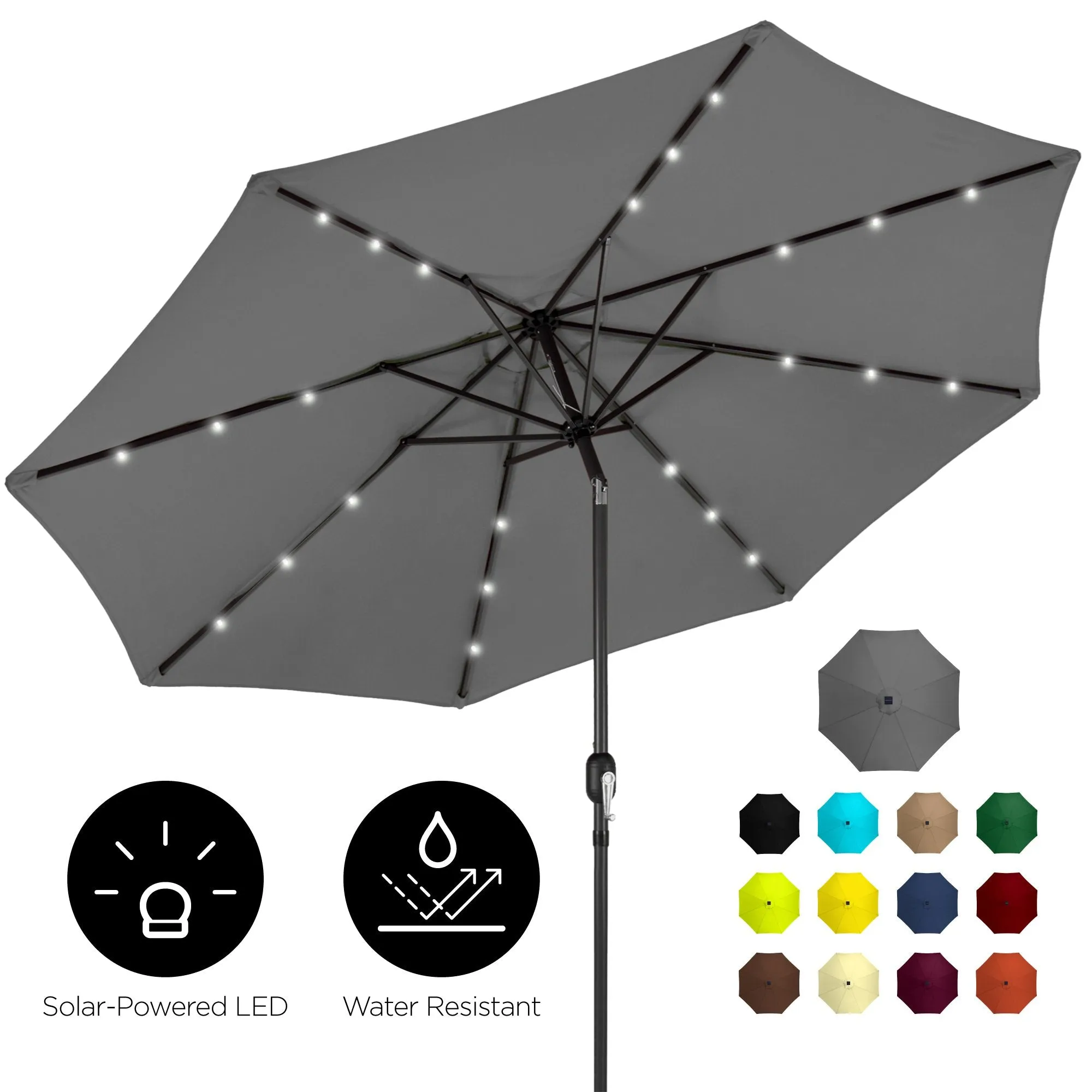 10ft Solar LED Lighted Patio Umbrella w/ Tilt Adjustment, Fade-Resistance