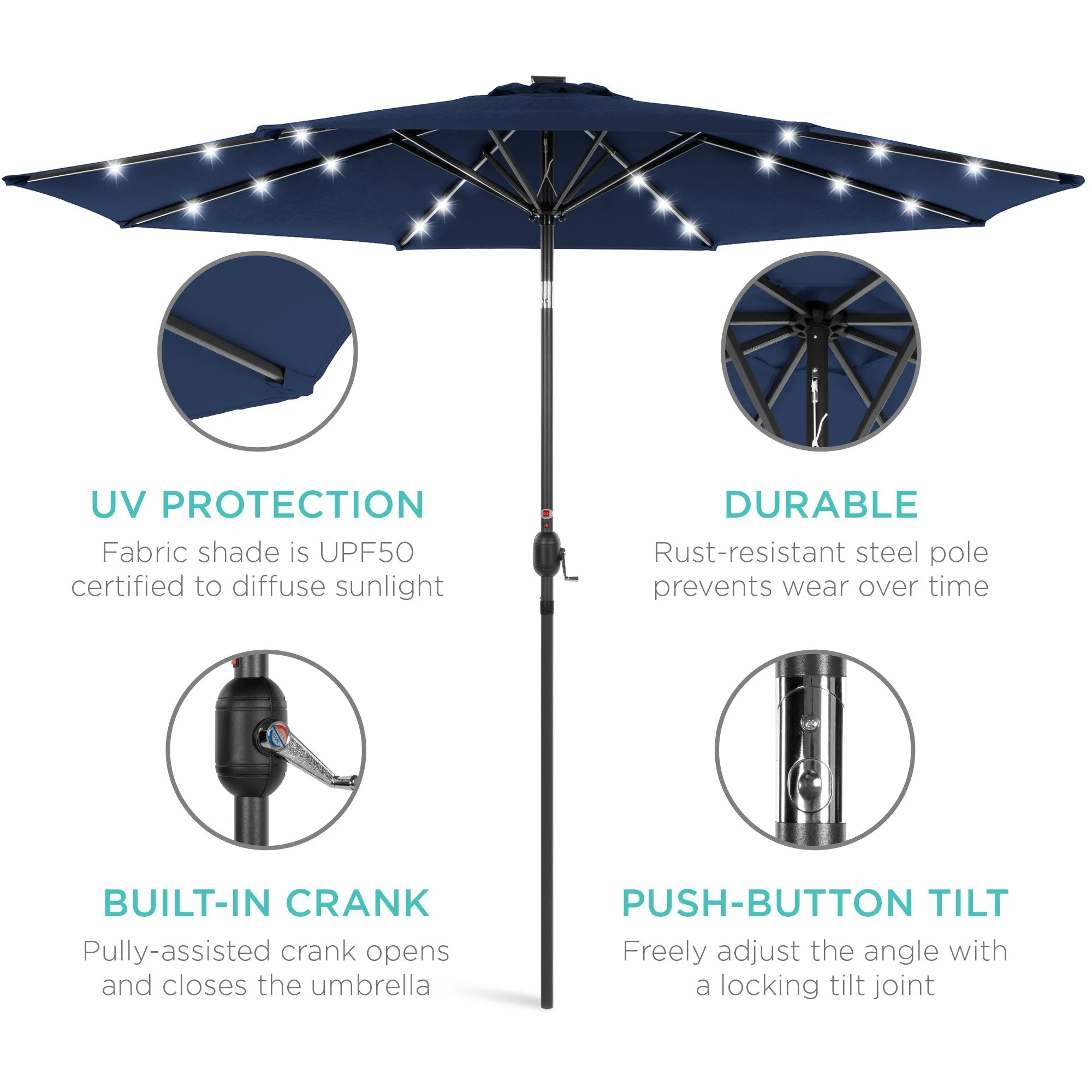 10ft Solar LED Lighted Patio Umbrella w/ Tilt Adjustment, Fade-Resistance