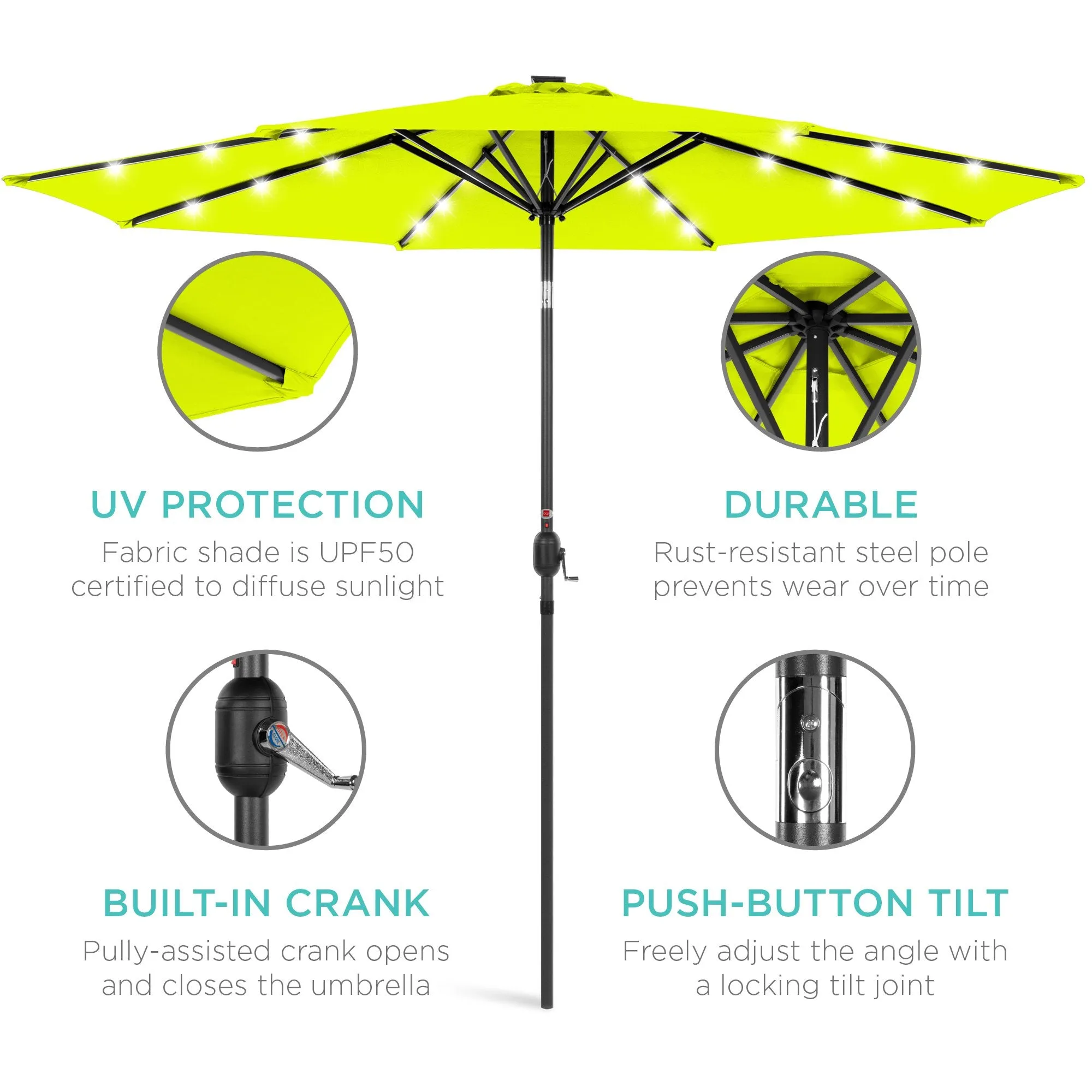 10ft Solar LED Lighted Patio Umbrella w/ Tilt Adjustment, Fade-Resistance