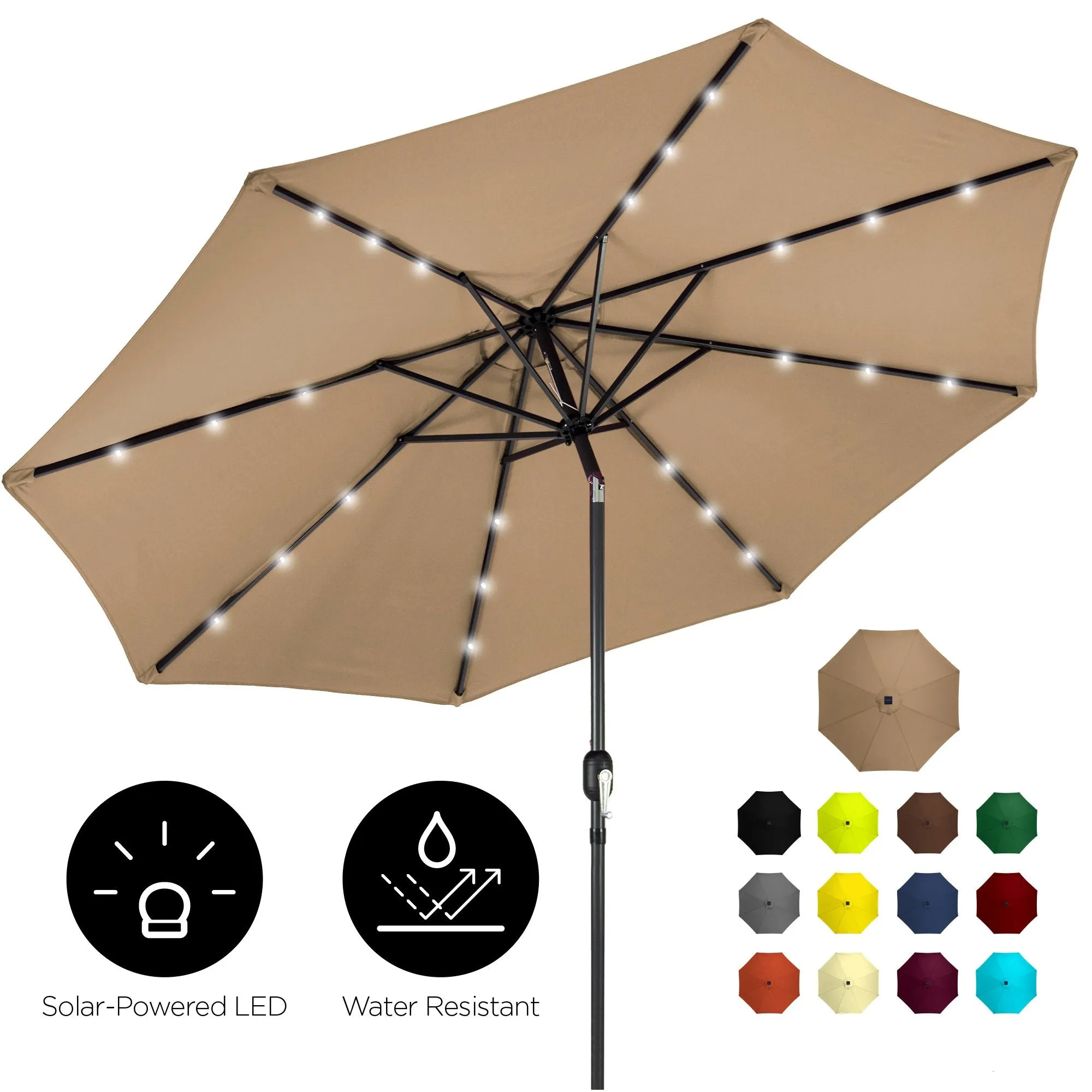 10ft Solar LED Lighted Patio Umbrella w/ Tilt Adjustment, Fade-Resistance