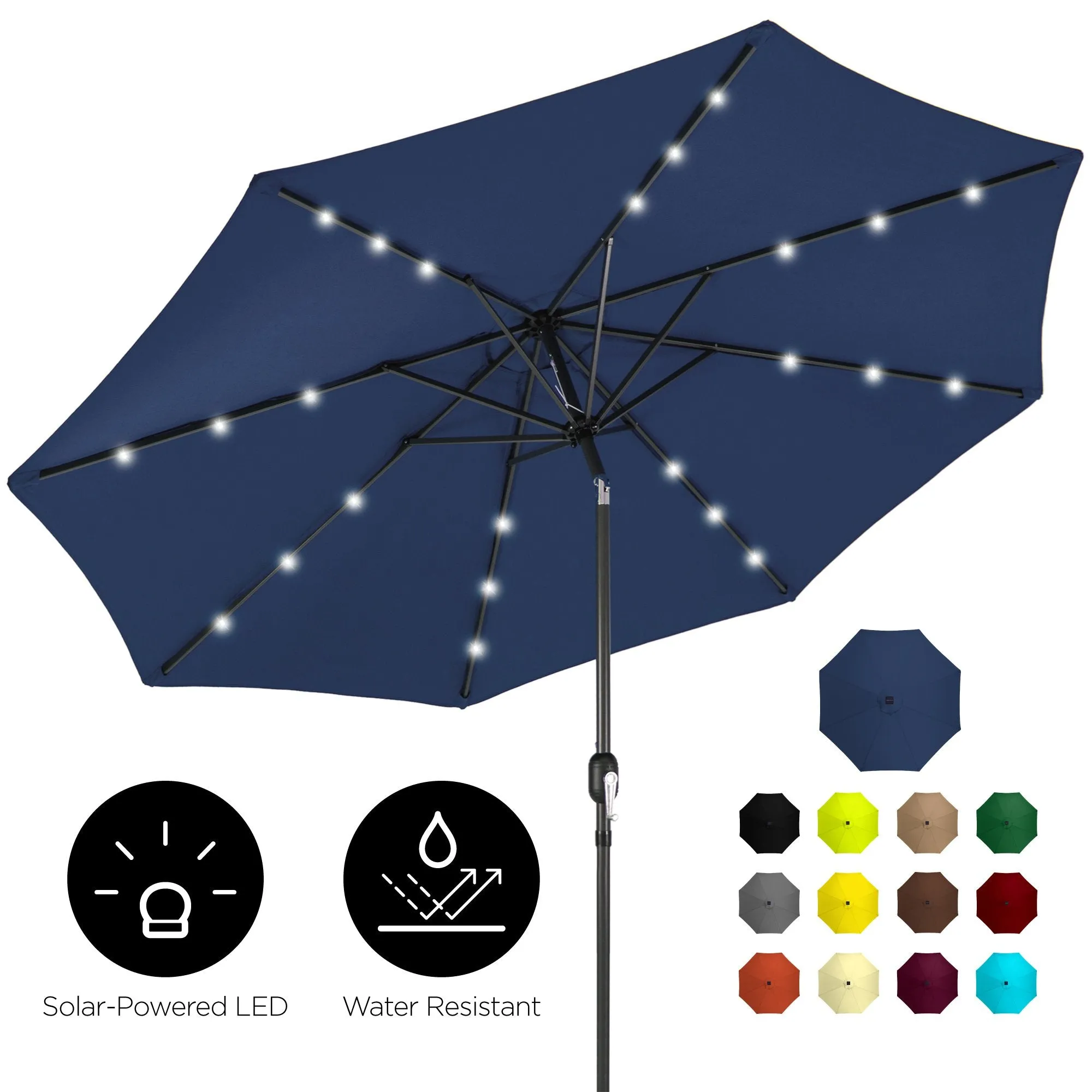 10ft Solar LED Lighted Patio Umbrella w/ Tilt Adjustment, Fade-Resistance