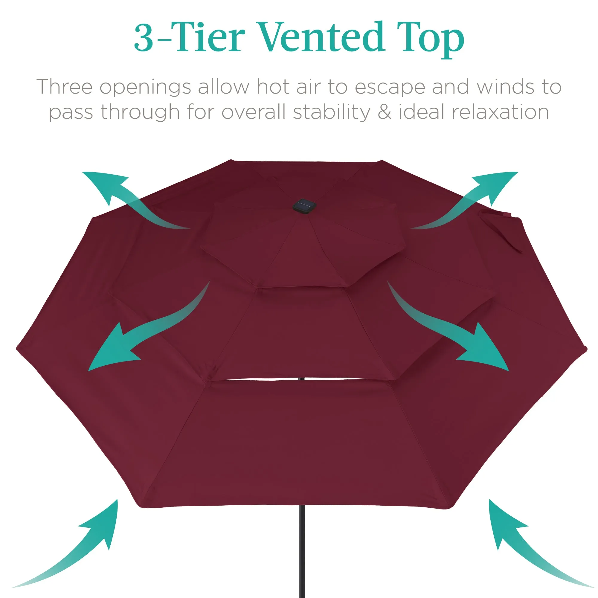 3-Tier Solar Patio Umbrella w/ LED Lights, Tilt Adjustment, Crank - 10ft