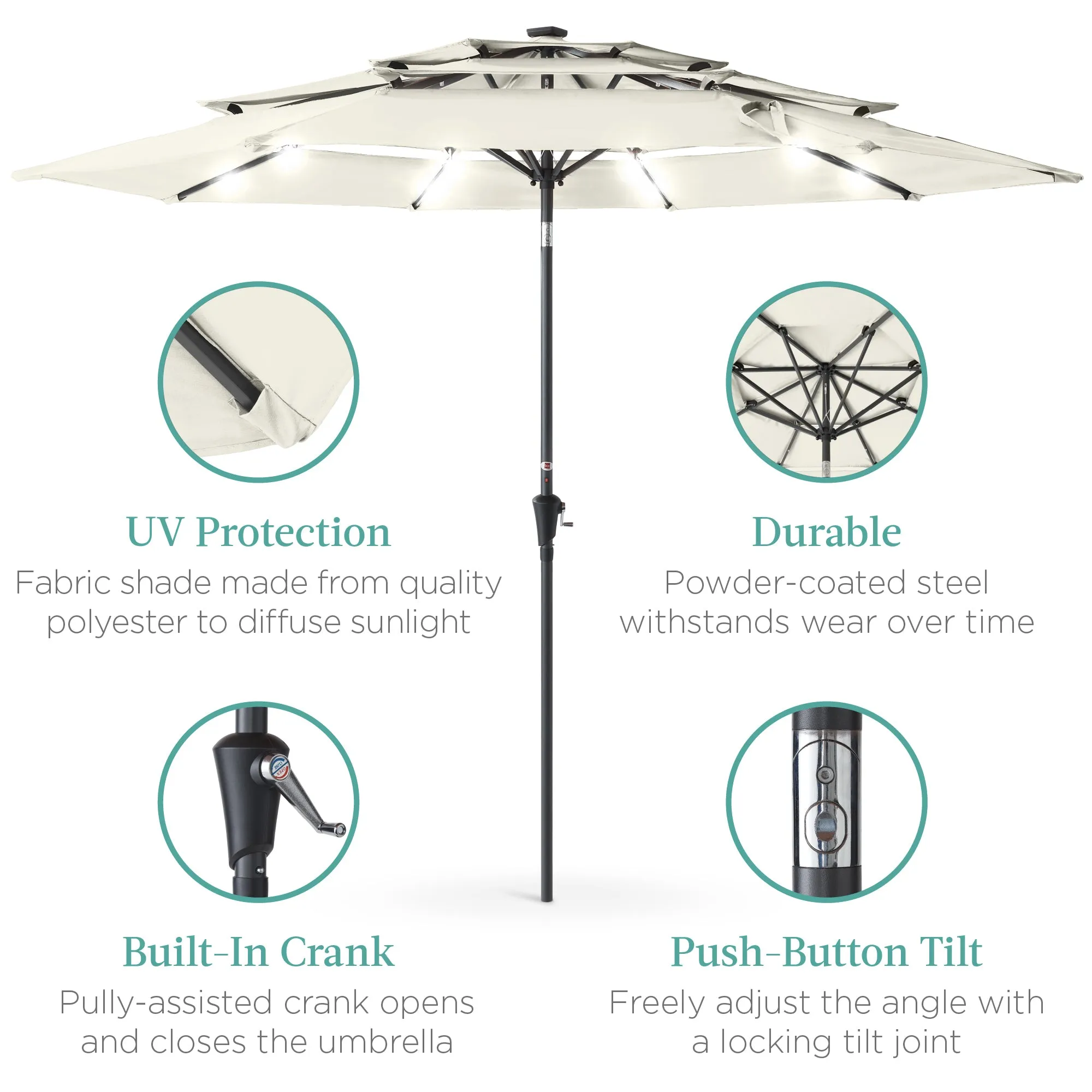 3-Tier Solar Patio Umbrella w/ LED Lights, Tilt Adjustment, Crank - 10ft