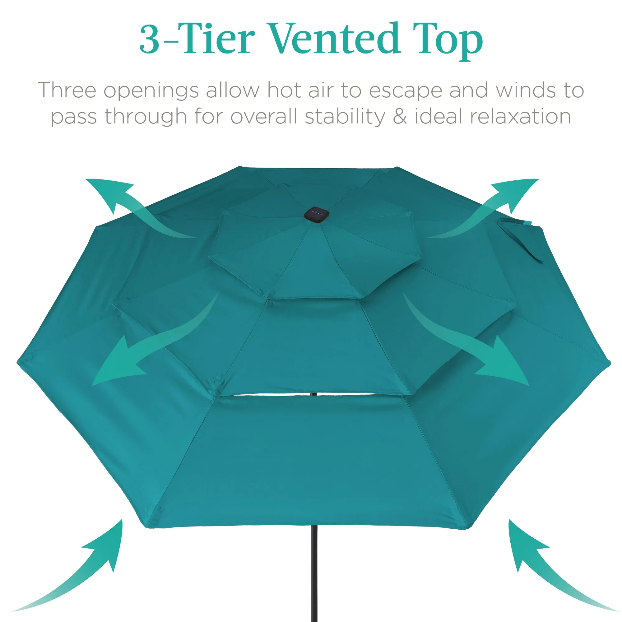 3-Tier Solar Patio Umbrella w/ LED Lights, Tilt Adjustment, Crank - 10ft