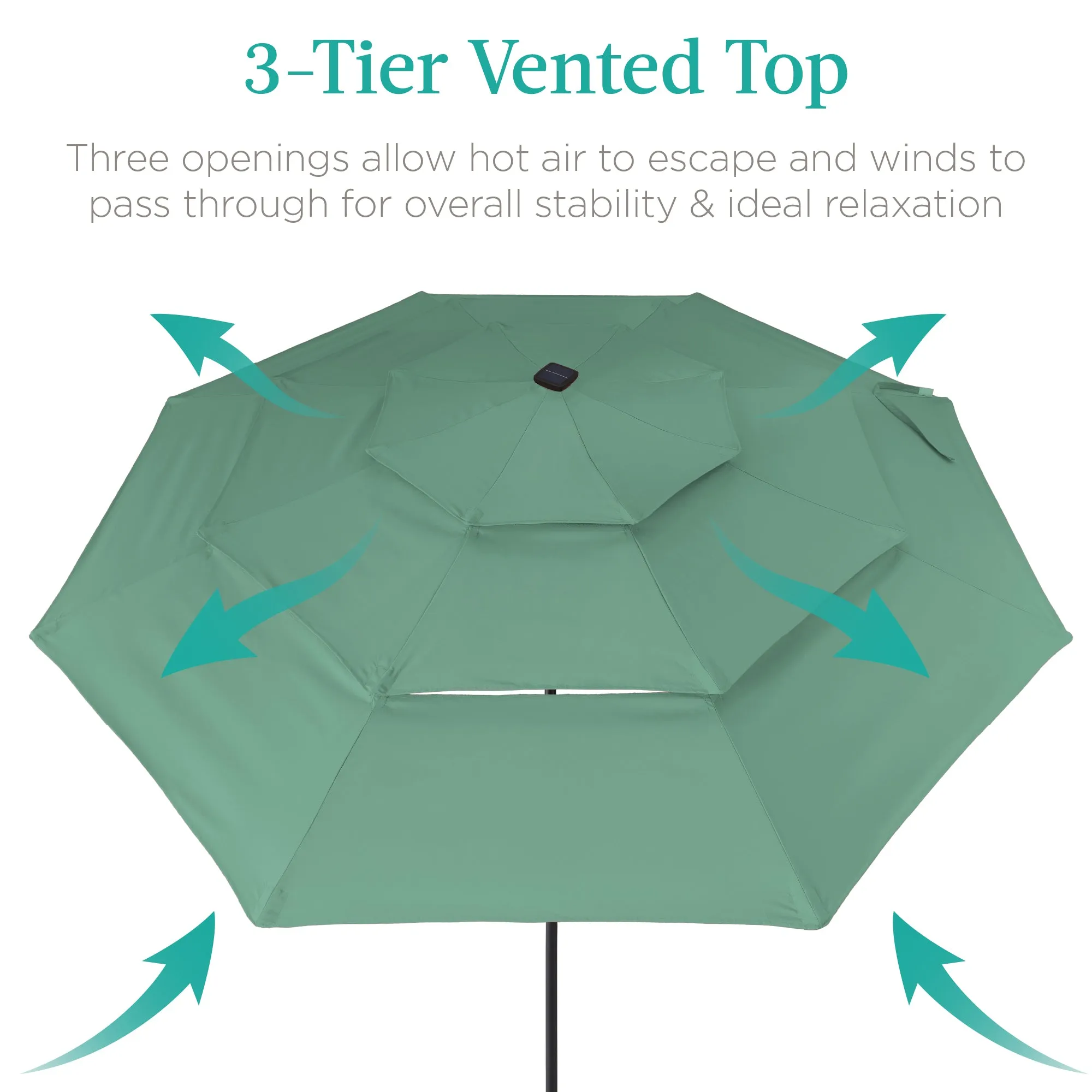 3-Tier Solar Patio Umbrella w/ LED Lights, Tilt Adjustment, Crank - 10ft