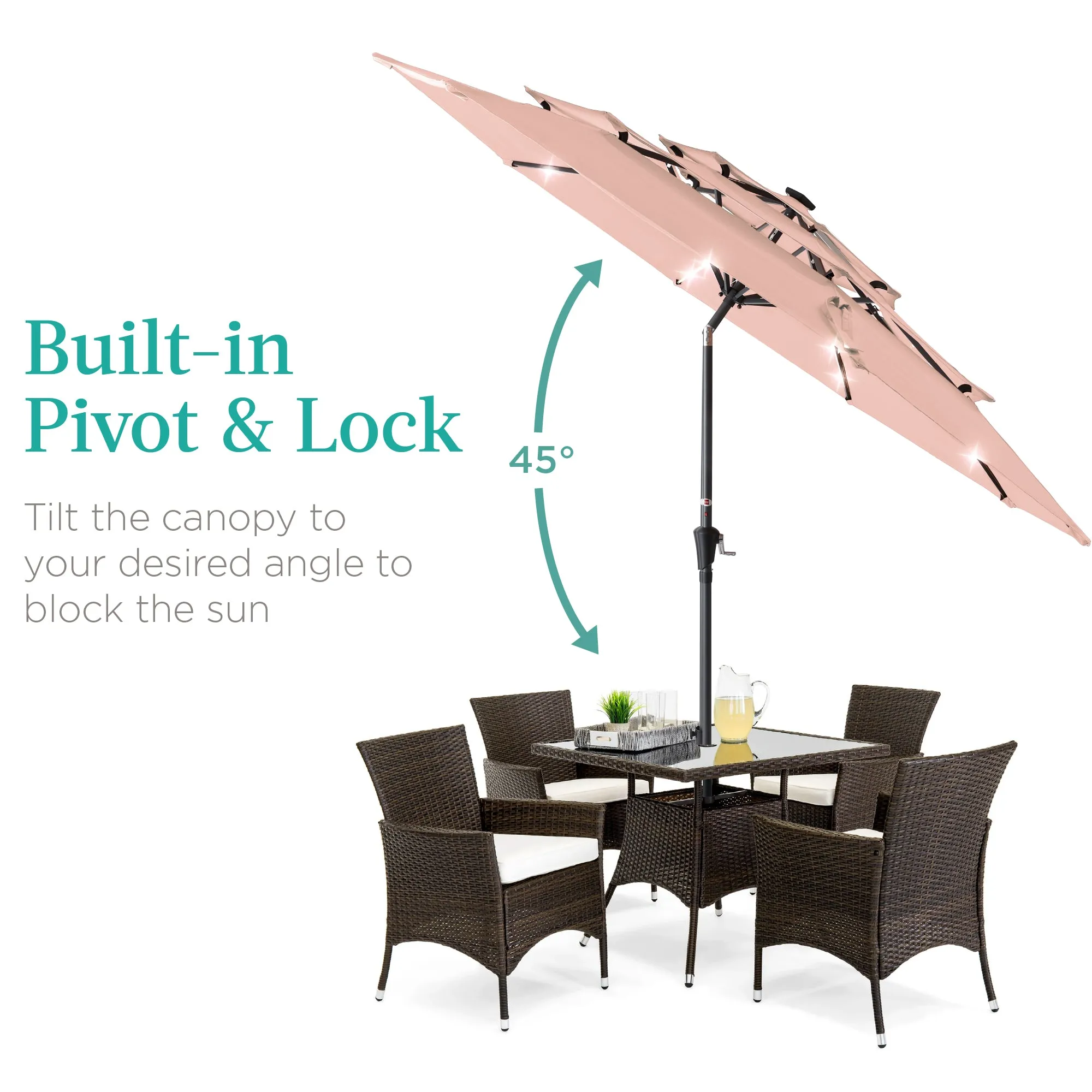 3-Tier Solar Patio Umbrella w/ LED Lights, Tilt Adjustment, Crank - 10ft