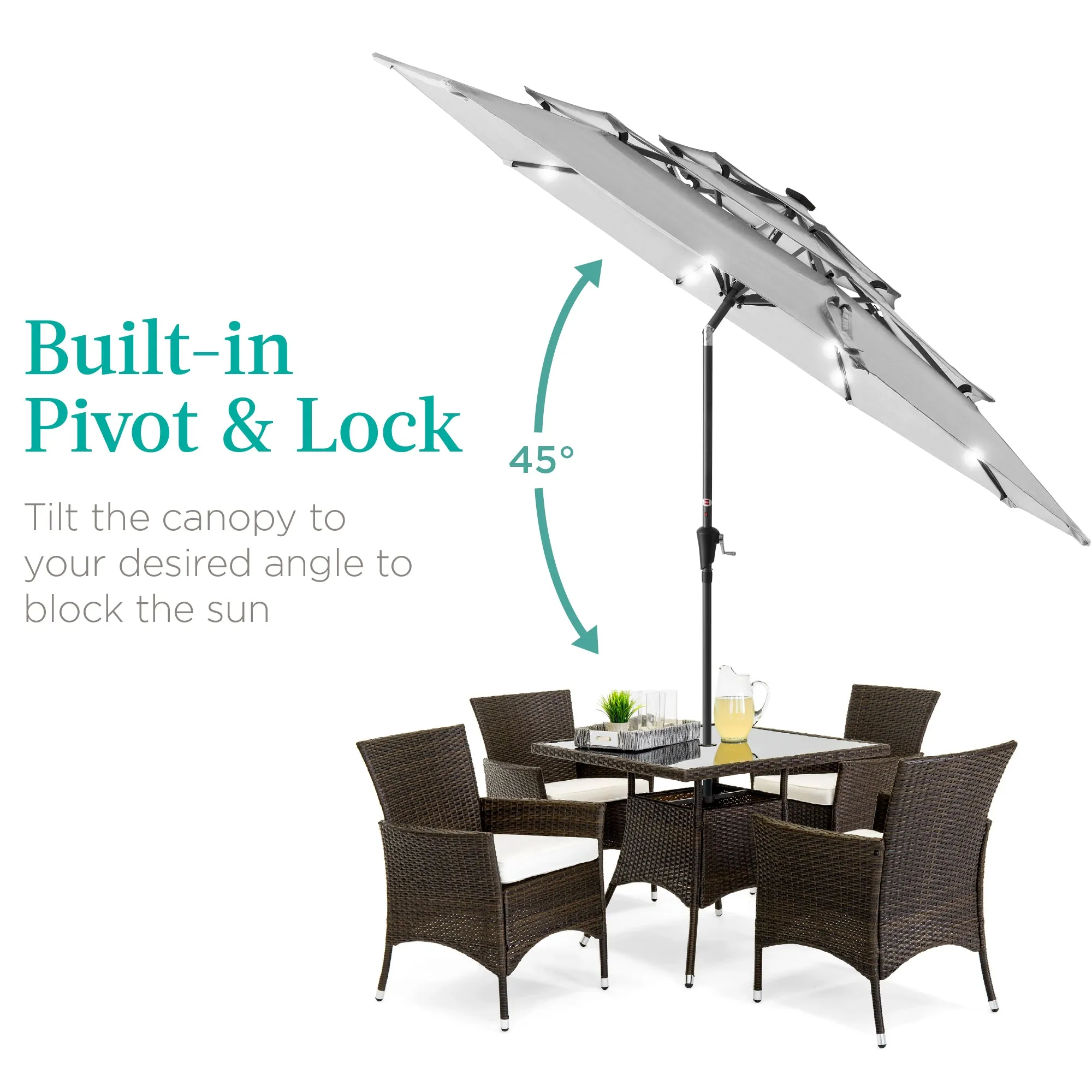 3-Tier Solar Patio Umbrella w/ LED Lights, Tilt Adjustment, Crank - 10ft