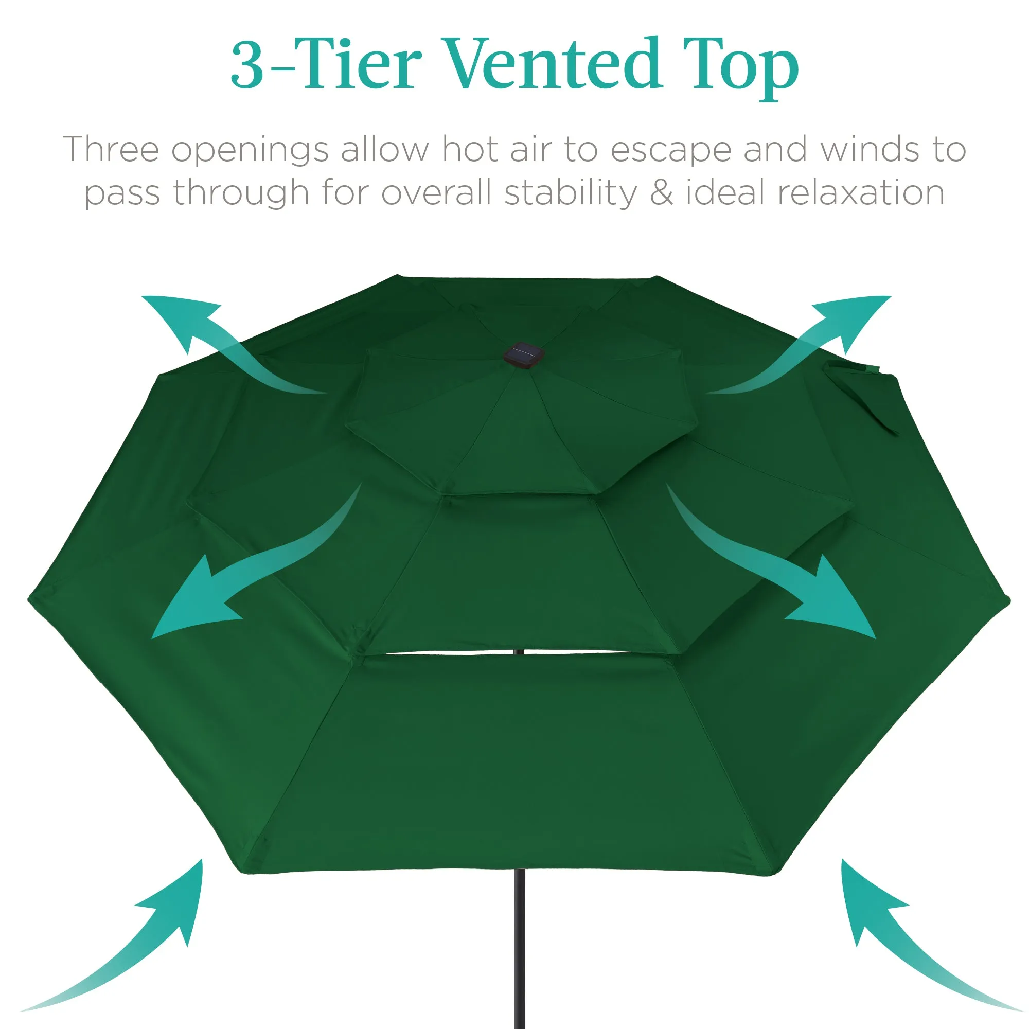 3-Tier Solar Patio Umbrella w/ LED Lights, Tilt Adjustment, Crank - 10ft