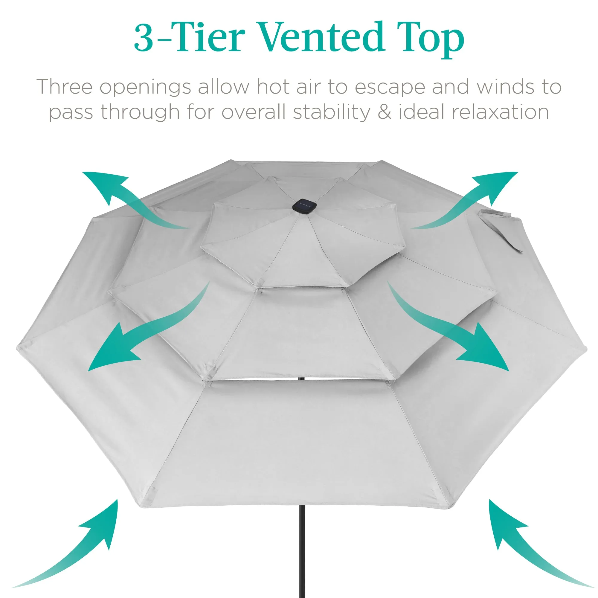 3-Tier Solar Patio Umbrella w/ LED Lights, Tilt Adjustment, Crank - 10ft