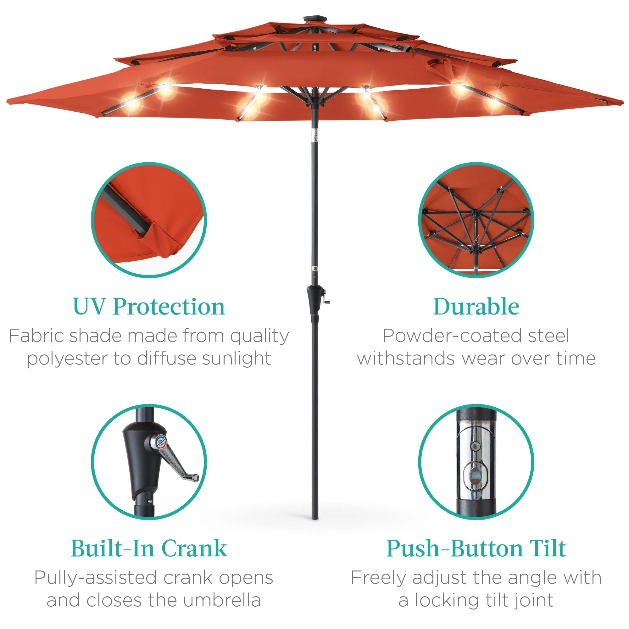 3-Tier Solar Patio Umbrella w/ LED Lights, Tilt Adjustment, Crank - 10ft