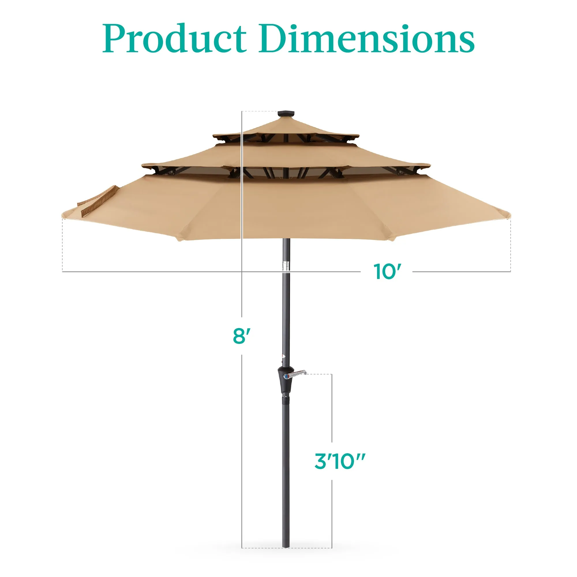 3-Tier Solar Patio Umbrella w/ LED Lights, Tilt Adjustment, Crank - 10ft