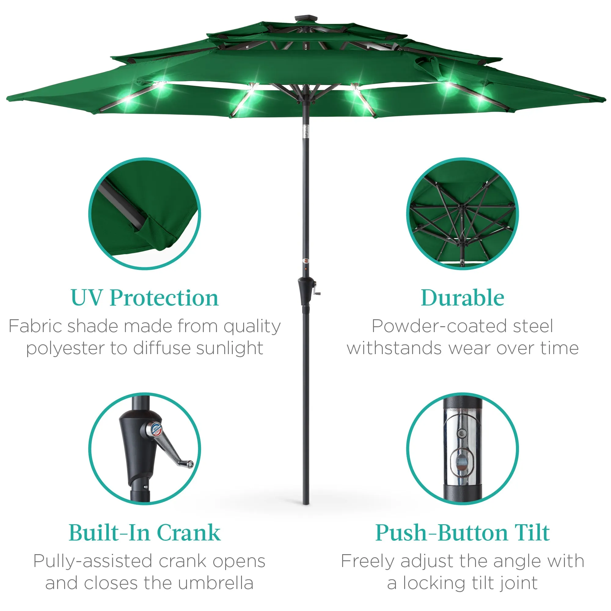 3-Tier Solar Patio Umbrella w/ LED Lights, Tilt Adjustment, Crank - 10ft