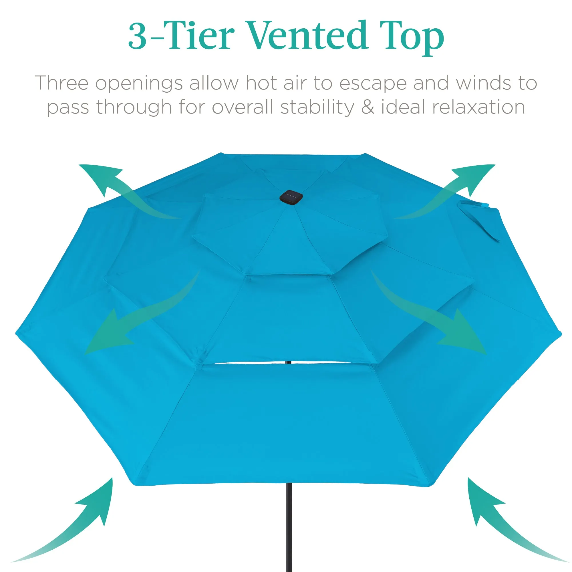 3-Tier Solar Patio Umbrella w/ LED Lights, Tilt Adjustment, Crank - 10ft