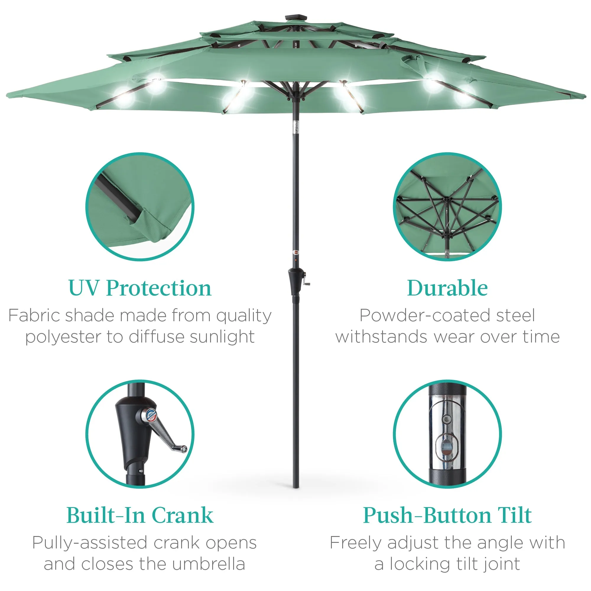 3-Tier Solar Patio Umbrella w/ LED Lights, Tilt Adjustment, Crank - 10ft