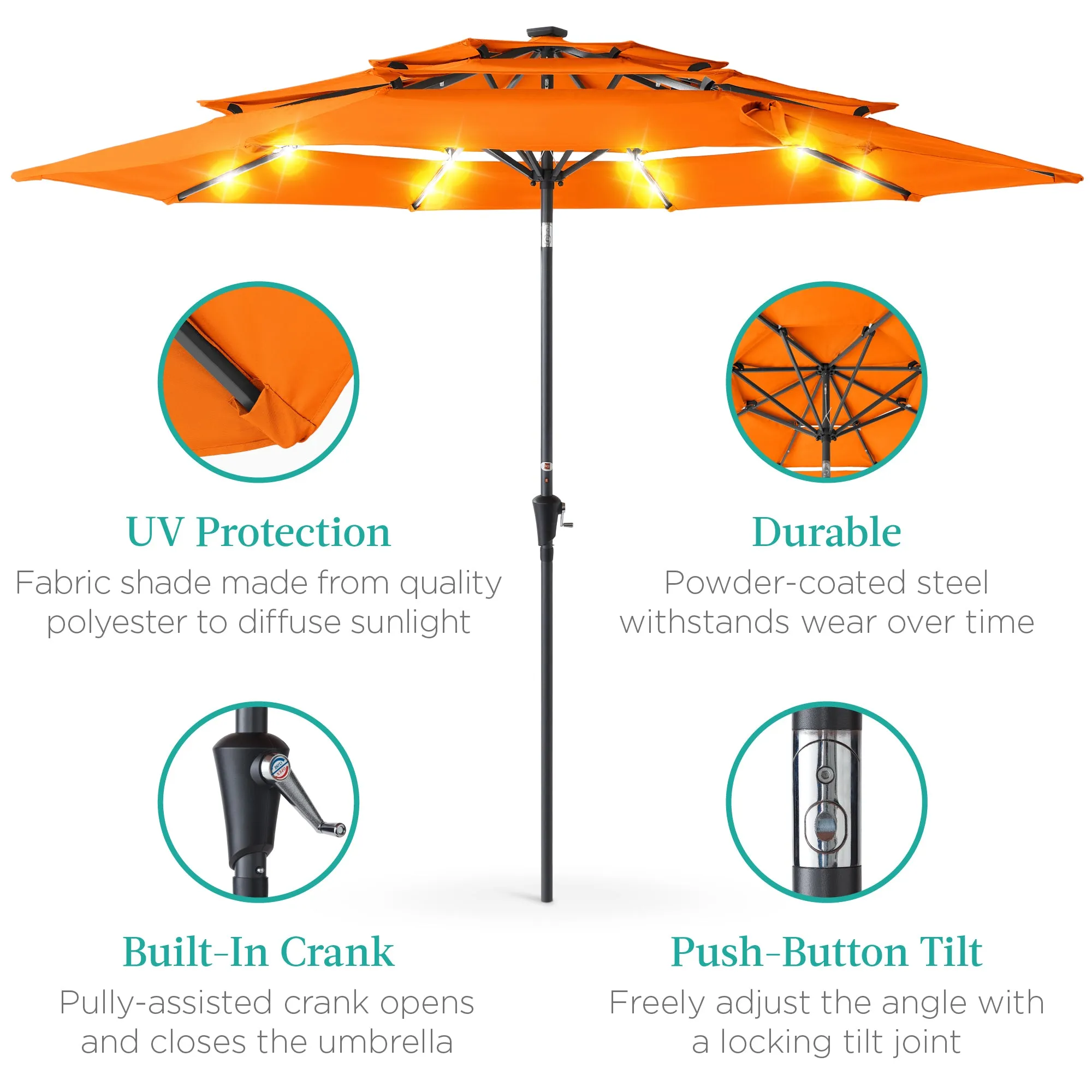 3-Tier Solar Patio Umbrella w/ LED Lights, Tilt Adjustment, Crank - 10ft