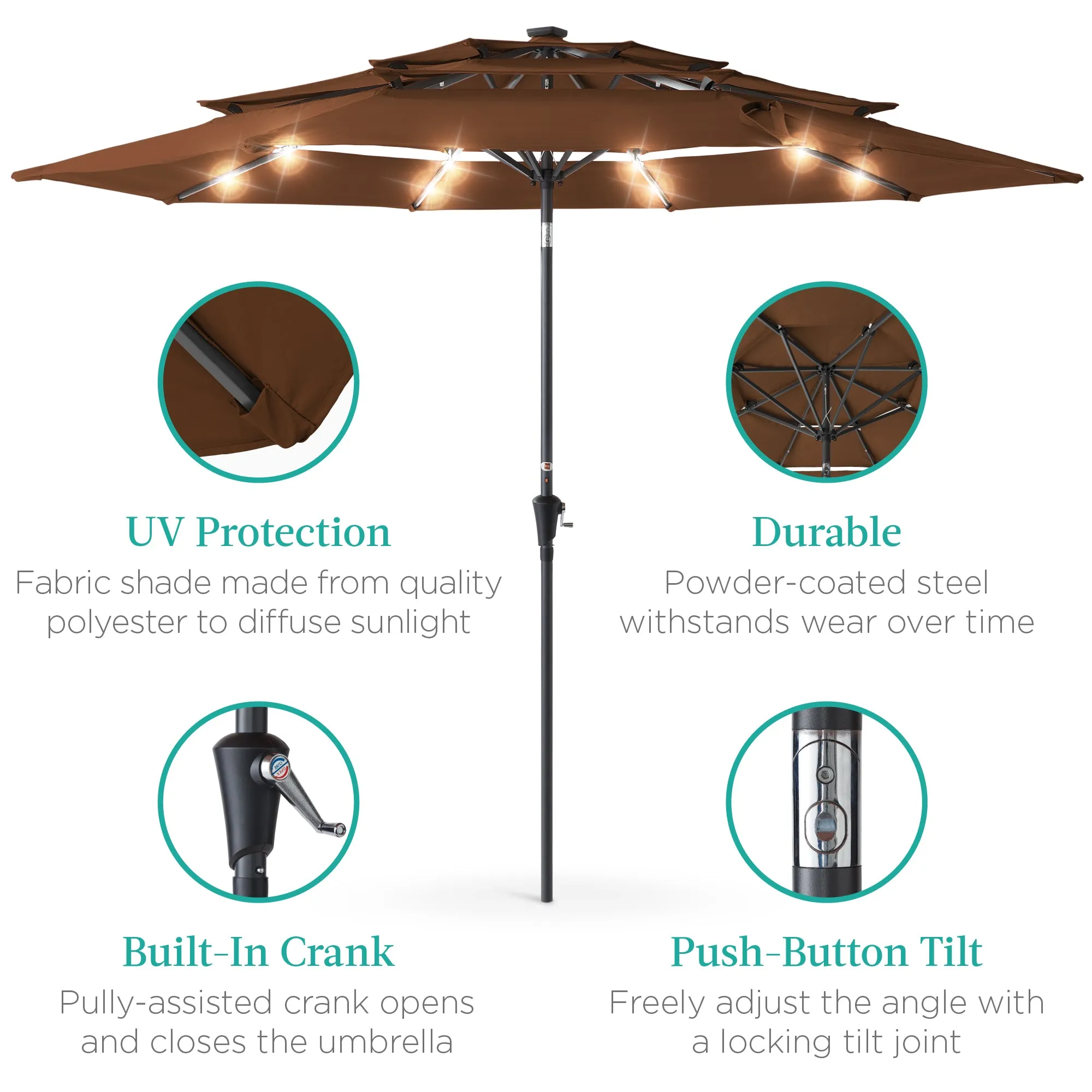 3-Tier Solar Patio Umbrella w/ LED Lights, Tilt Adjustment, Crank - 10ft