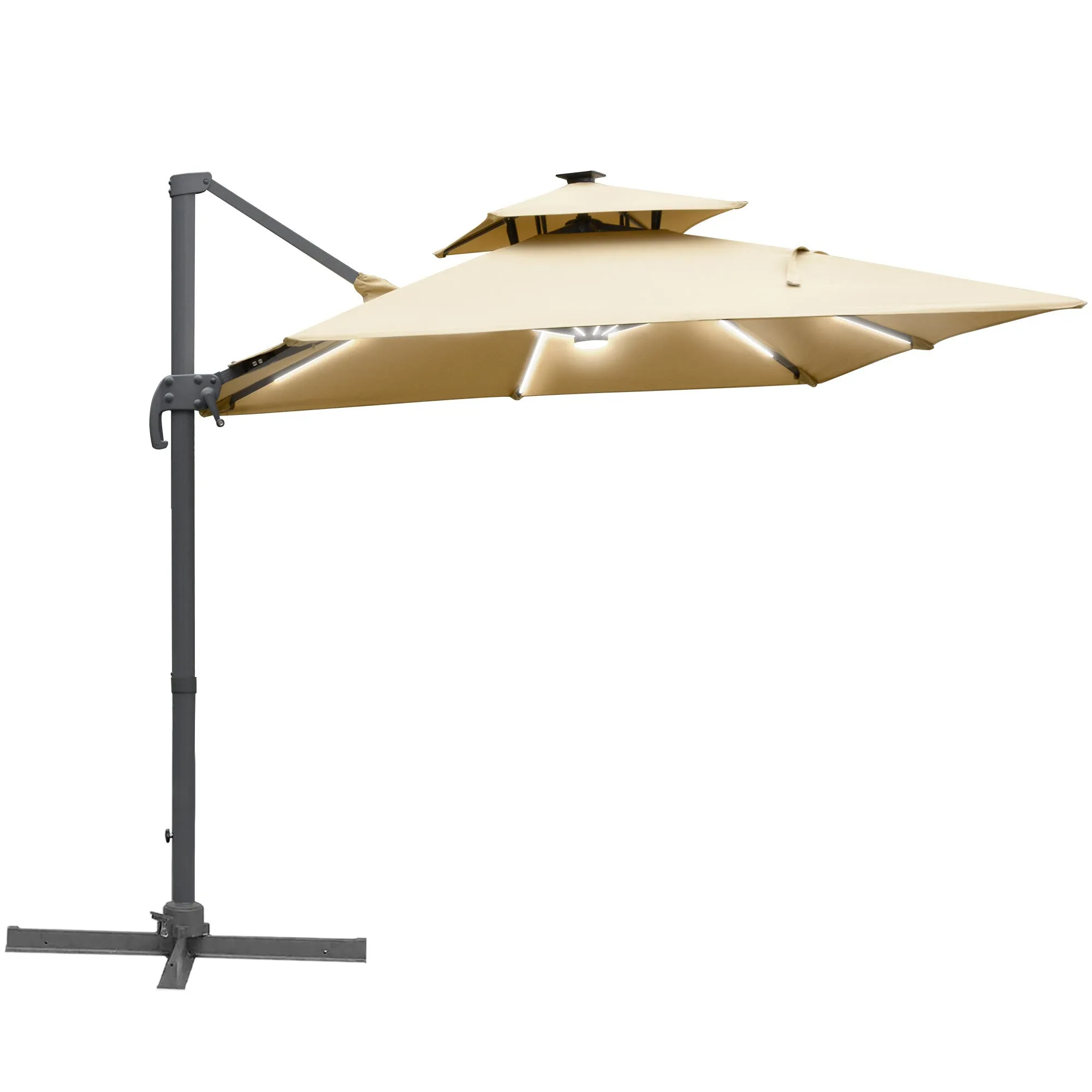 3m Cantilever Roma Parasol Adjustable Garden Sun Umbrella with Solar LED, Tilt and Crank Handle, Cross Base for Lawn, Khaki