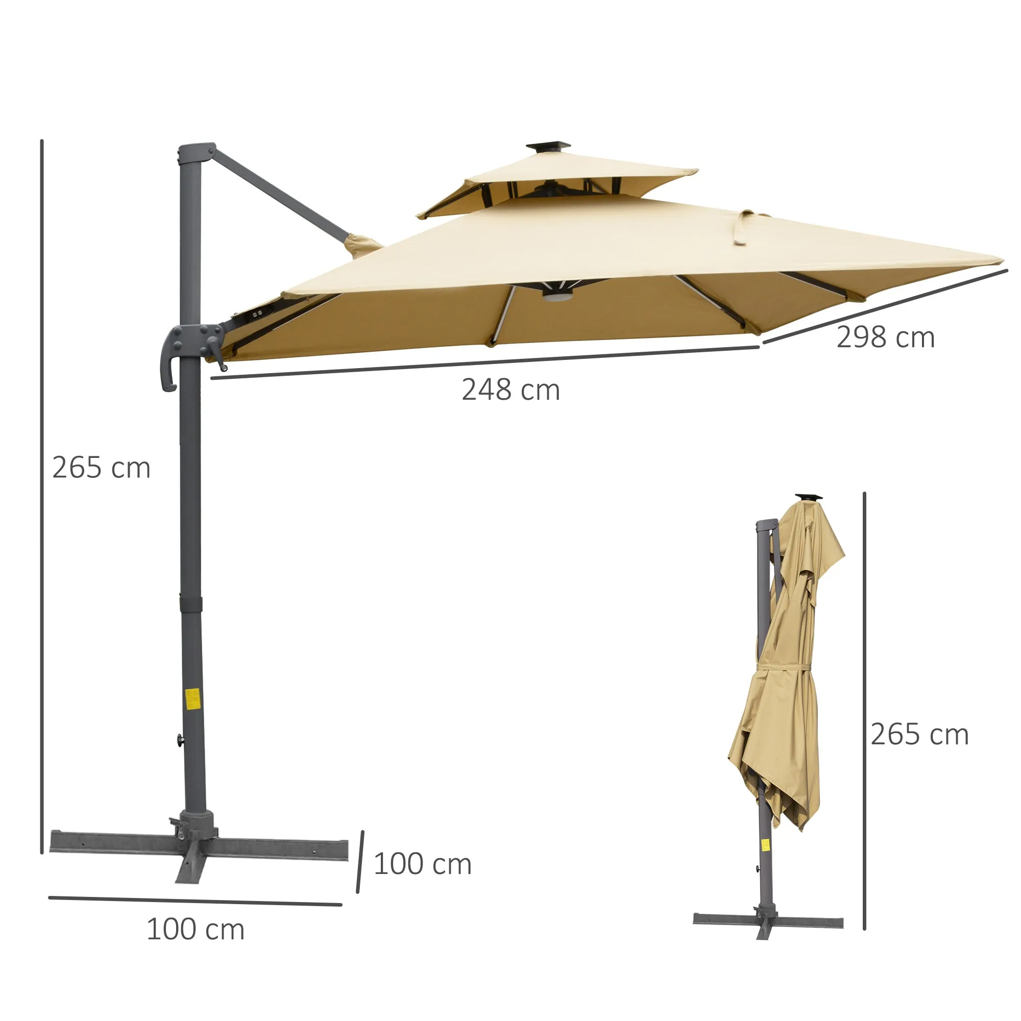 3m Cantilever Roma Parasol Adjustable Garden Sun Umbrella with Solar LED, Tilt and Crank Handle, Cross Base for Lawn, Khaki