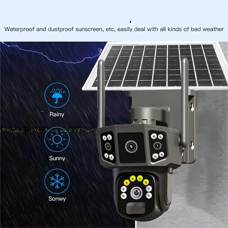 3MP 3MP 3MP Three-screen Lens Linkage Automatic Tracking Solar Camera, Pan/Tilt Home Security Camera System, WiFi Solar Camera Wireless Outdoor CCTV PTZ Security Cam, With Auto Tracking Human Detection, Color Night Vision Two-Way Audio