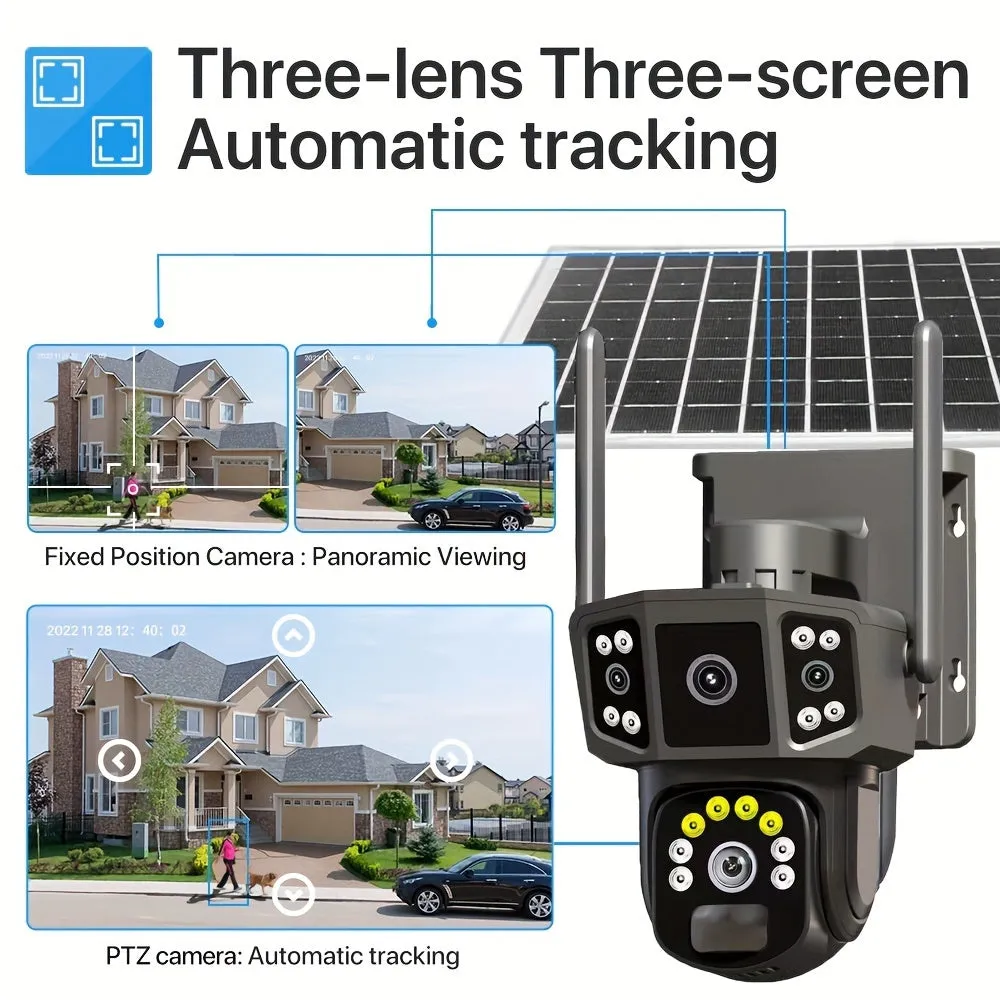 3MP 3MP 3MP Three-screen Lens Linkage Automatic Tracking Solar Camera, Pan/Tilt Home Security Camera System, WiFi Solar Camera Wireless Outdoor CCTV PTZ Security Cam, With Auto Tracking Human Detection, Color Night Vision Two-Way Audio