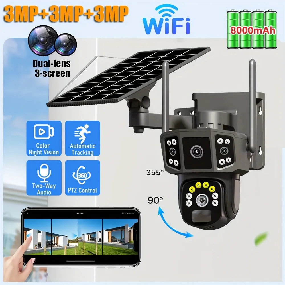 3MP 3MP 3MP Three-screen Lens Linkage Automatic Tracking Solar Camera, Pan/Tilt Home Security Camera System, WiFi Solar Camera Wireless Outdoor CCTV PTZ Security Cam, With Auto Tracking Human Detection, Color Night Vision Two-Way Audio