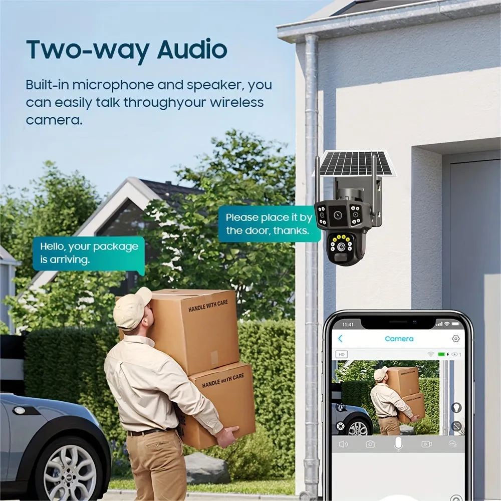 3MP 3MP 3MP Three-screen Lens Linkage Automatic Tracking Solar Camera, Pan/Tilt Home Security Camera System, WiFi Solar Camera Wireless Outdoor CCTV PTZ Security Cam, With Auto Tracking Human Detection, Color Night Vision Two-Way Audio