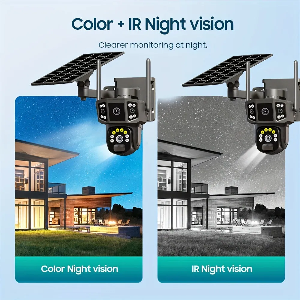 3MP 3MP 3MP Three-screen Lens Linkage Automatic Tracking Solar Camera, Pan/Tilt Home Security Camera System, WiFi Solar Camera Wireless Outdoor CCTV PTZ Security Cam, With Auto Tracking Human Detection, Color Night Vision Two-Way Audio