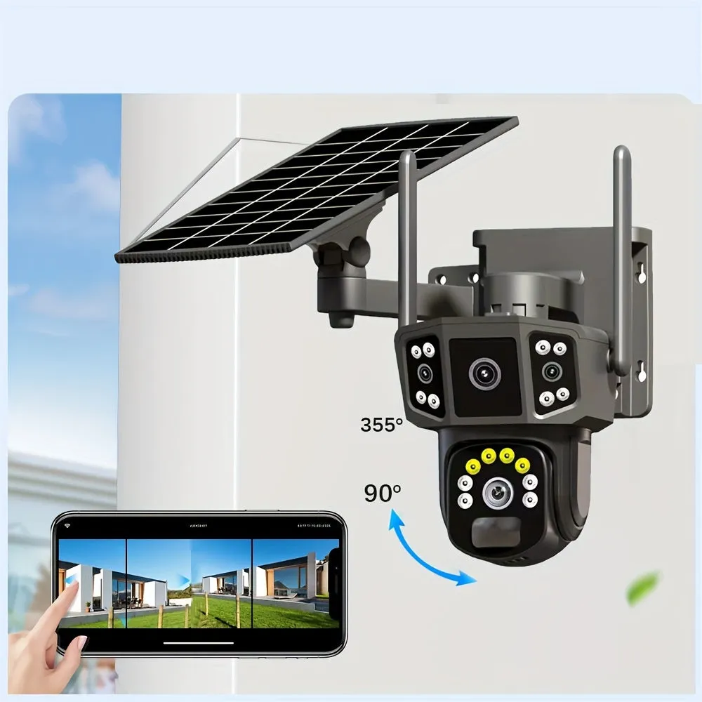 3MP 3MP 3MP Three-screen Lens Linkage Automatic Tracking Solar Camera, Pan/Tilt Home Security Camera System, WiFi Solar Camera Wireless Outdoor CCTV PTZ Security Cam, With Auto Tracking Human Detection, Color Night Vision Two-Way Audio