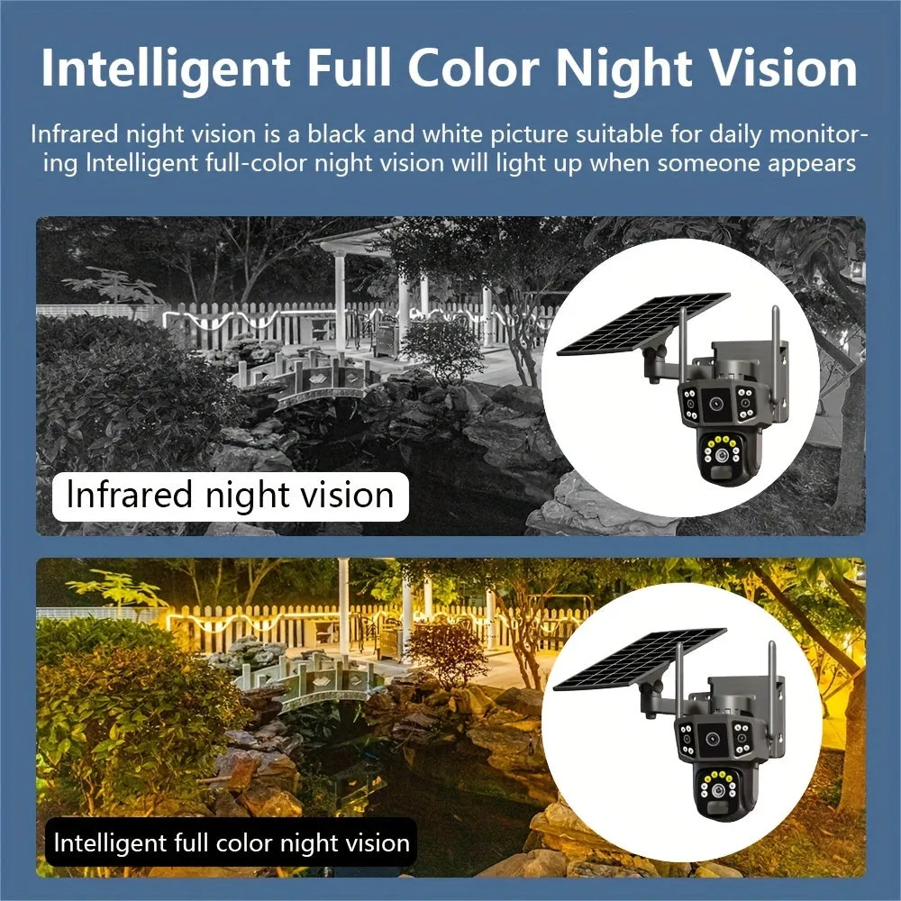 3MP 3MP 3MP Three-screen Lens Linkage Automatic Tracking Solar Camera, Pan/Tilt Home Security Camera System, WiFi Solar Camera Wireless Outdoor CCTV PTZ Security Cam, With Auto Tracking Human Detection, Color Night Vision Two-Way Audio