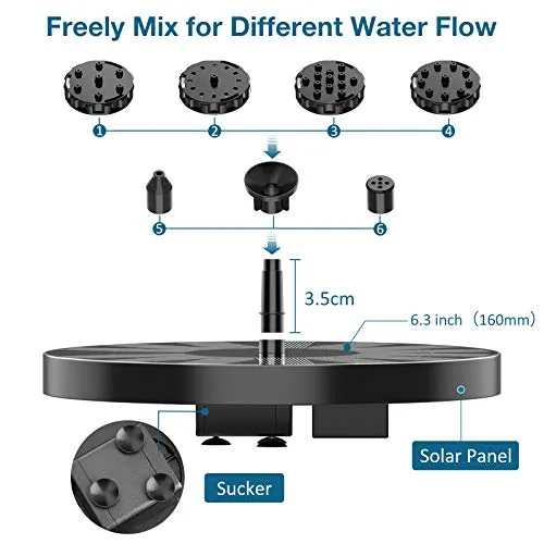 AISITIN 2.5W Solar Bird Bath Fountain Pump, Solar Fountain Pump for Bird Bath with 6 Nozzles, 6.7" Solar Powered Water Fountain Pump for Garden, Ponds, Pool, Fish Tank, Aquarium and Outdoor