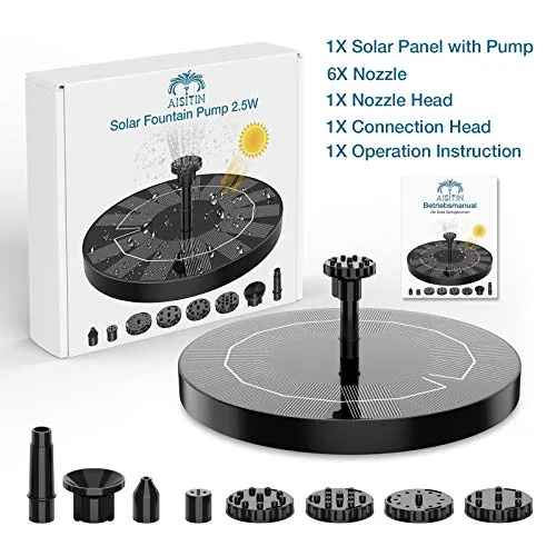 AISITIN 2.5W Solar Bird Bath Fountain Pump, Solar Fountain Pump for Bird Bath with 6 Nozzles, 6.7" Solar Powered Water Fountain Pump for Garden, Ponds, Pool, Fish Tank, Aquarium and Outdoor